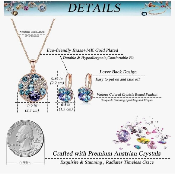 EVEVIC Austrian Crystal Round Disc Pendant Necklace Earring Set New - Picture 5 of 10